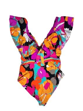 Trina Turk Gemini Floral Ruffle V Neck Tie Back One Piece Swimsuit L33353 Size 2